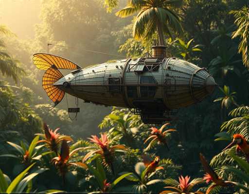 A large metal bird with wings spread is flying over a tropical forest filled with green trees and pink flowers. The bird has a pointed nose and tail, giving it an airy appearance as it soars through the sky.