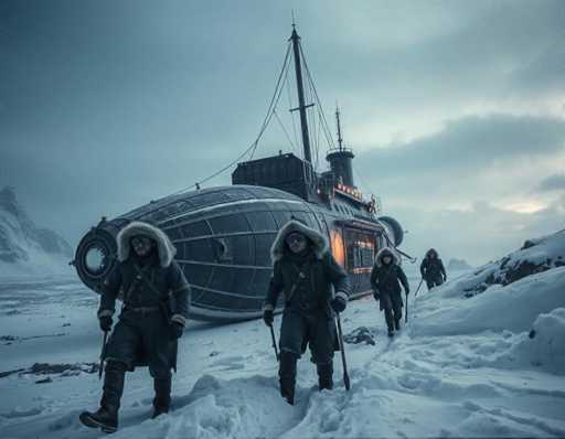 The image shows four people walking on a snowy mountain trail towards an abandoned shipwreck. The ship is covered in snow and appears to be floating in the air. The sky above them is dark blue with clouds, creating a dramatic backdrop for their journey.