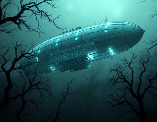 The image depicts a large, futuristic airship or blimp, reminiscent of a zeppelin, floating in a dark, foggy sky. The airship is predominantly black with a sleek, metallic design, featuring a pointed front and a rounded back. It is illuminated by numerous blue lights along its sides and bottom, giving it a striking appearance against the misty background. The blimp appears to have a glass-like exterior, possibly with a door or hatch at the bottom. Surrounding the airship are barren, leafless trees, their dark silhouettes stark against the dim, greenish-blue sky. The overall scene is shrouded in fog, creating an eerie and mysterious atmosphere.