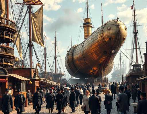 The image depicts a bustling harbor scene set in the 1800s, characterized by a crowd of people dressed in period attire. The men are adorned in long black coats, top hats, and some even sport monocles, while the women wear light-colored coats and dresses, with one woman notably carrying a purse. The harbor is populated with numerous tall ships, their sails furled, and intricate rigging visible. Dominating the scene is a massive, golden-colored structure that appears to be a submarine or a large underwater vessel, suspended in the air by numerous cables. This structure is cylindrical with a rounded front, featuring portholes and a prominent tower-like feature. The crowd seems to be observing this impressive vessel, which stands out against the backdrop of the historic harbor.