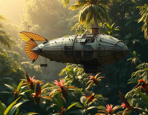The image depicts a fantastical scene set in a lush, tropical jungle. Dominating the center is a steampunk-inspired airship, resembling a hybrid between a blimp and a fish. The airship is primarily gray with a pointed nose and a rounded, bulbous tail, adorned with orange, fish-like fins. It features a small, wooden smokestack on top and a rectangular window on its side. The airship is surrounded by a dense canopy of palm trees, banana trees, and other tropical foliage, with vibrant red and pink flowers dotting the landscape below. The background is slightly hazy, adding to the dreamlike quality of the scene. In the bottom right corner, a strikingly colorful bird with a long beak and a mix of red, yellow, and black feathers perches on a branch, adding a touch of whimsy to the already imaginative setting.