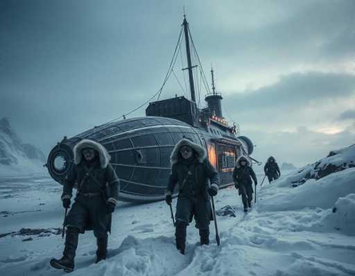 In this striking image, a group of five individuals is seen walking through a snowy landscape, their attire consisting of long black coats with white fur trim around the hoods. The coats are complemented by black gloves, and each person is equipped with ski poles, suggesting they are navigating the snow-covered terrain. The group is moving towards the camera, with the person on the far left leading the way. 

In the background, a peculiar structure resembling a hybrid between a submarine and a ship is visible. This vessel, which appears to be made of metal, features a large circular opening at the front and a tall mast adorned with wires. The ship's design includes a cabin area with windows and a door, illuminated by a warm yellow light. The vessel is oriented towards the left side of the image, adding an element of intrigue to the scene.