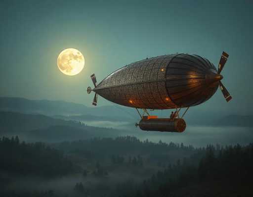 The image depicts a detailed, computer-generated scene of a nighttime sky with a prominent full moon on the left side, casting a yellowish glow. The sky transitions from a dark blue at the top to a lighter blue near the horizon. Below the sky, a landscape of rolling hills and dense forests is shrouded in fog, creating a misty atmosphere. Dominating the foreground is a large, vintage-style blimp with a brownish-gold hue, adorned with intricate designs and illuminated by warm orange lights. The blimp features a prominent propeller at the front and smaller propellers at the rear. Inside the blimp, two silhouetted figures are visible, seated in a small compartment beneath the main body. The blimp appears to be floating serenely above the foggy treetops, adding a sense of mystery and adventure to the scene.
