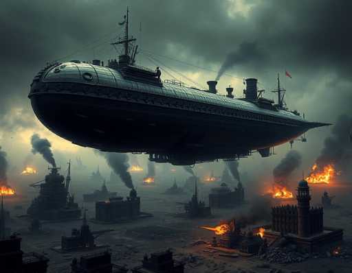 The image depicts a dark, dystopian scene with a large, submarine-like airship dominating the center. This airship, which has a metallic, bluish-gray appearance, features a pointed front and a flat back, with a red flag flying from its rear. The sky is filled with dark, ominous clouds, adding to the overall gloomy atmosphere. Below the airship, the ground is covered in rubble and debris, with numerous buildings on fire. The fires are scattered throughout the scene, creating a chaotic and destruction-filled landscape. In the background, additional ships can be seen, also engulfed in flames. The entire image is rendered in shades of gray, black, and white, with the exception of the red flag and the fires, which provide stark contrasts against the bleak setting.