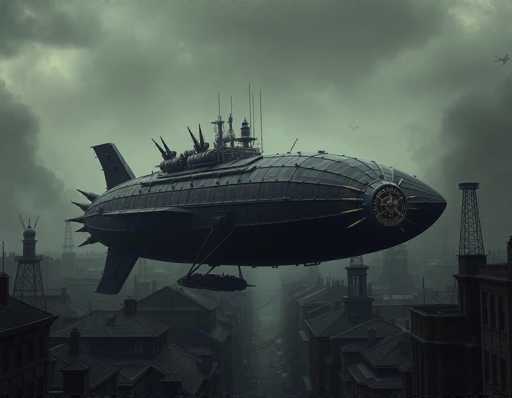 The image depicts a dark, dystopian cityscape shrouded in thick, gray smoke and fog, creating an ominous atmosphere. Dominating the scene is a massive, black airship that resembles a hybrid of a blimp and a submarine, complete with wings and a pointed nose. The airship is adorned with various antennas and spikes, and it appears to be carrying a smaller craft beneath it. The sky is filled with dark, menacing clouds, adding to the overall gloominess. In the background, several tall buildings and oil derricks pierce through the mist, while a few birds can be seen flying in the distance. The entire scene is rendered in shades of gray, black, and white, enhancing the bleak and foreboding mood.