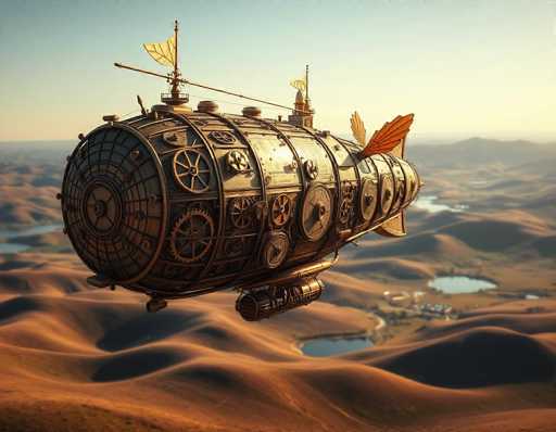 The image depicts a highly detailed, computer-generated steampunk airship soaring through a clear blue sky. The airship, reminiscent of a blimp but with distinct steampunk elements, features a long, cylindrical body adorned with numerous gears, cogs, and circular metal plates. Its front is marked by a large propeller, while the rear boasts a tail fin and additional fins that resemble wings. Atop the airship, two yellow flags flutter in the wind. Below, the landscape is a vast expanse of rolling brown hills interspersed with small lakes and ponds, creating a picturesque contrast to the mechanical marvel above.