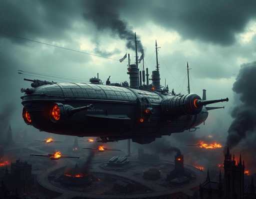 The image depicts a dark, dystopian scene featuring a massive, black airship resembling a hybrid of a submarine and a blimp. The airship, which has a long, cylindrical shape with a pointed front and a flat back, is equipped with numerous guns and turrets emitting orange flames. It hovers ominously over a city in ruins, where buildings are engulfed in flames and thick, dark smoke billows into the sky. The airship's structure includes several poles and masts, with flags fluttering at the top. Below, smaller aircraft, possibly fighter jets or helicopters, also fire their weapons, adding to the chaos. The overall atmosphere is one of destruction and war, with the airship dominating the scene as it rains down fiery chaos upon the city below.