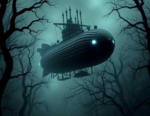 The image depicts a dark, eerie scene with a greenish-gray hue, reminiscent of a Halloween night. At the center of the composition is a mysterious, floating airship that combines elements of a blimp and a submarine. The airship is predominantly black with a cylindrical shape, featuring a pointed front and a rounded back. It has two glowing blue lights on its front, resembling eyes, and additional blue lights on its sides. The airship's upper section is adorned with several spikes and poles, and it has a rectangular cabin area with a small balcony. Below the main body, there are metal supports and what appears to be a basket-like structure. Surrounding the airship are barren, leafless trees with twisted branches, adding to the overall spooky atmosphere. The background is a foggy, grayish-green sky, enhancing the image's haunting and otherworldly feel.