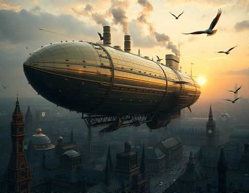 The image depicts a large, gold-colored airship with a sleek, bullet-like shape, hovering above a cityscape at sunset. The airship features a prominent smokestack on its right side, emitting thick plumes of smoke that blend into the orange and gray sky. The airship's surface is adorned with numerous windows and a ladder-like structure along its side. Below, the cityscape is filled with tall buildings, including a notable clock tower on the left and a church with a steeple. The scene is further animated by several birds, including a seagull, flying around the airship. The overall atmosphere is one of a bustling, industrialized city bathed in the warm hues of the setting sun.