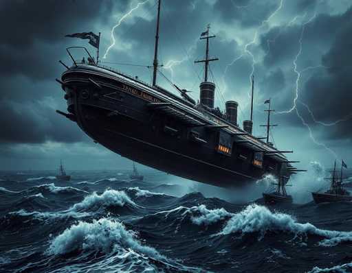 The image depicts a dramatic scene of a large, dark-colored ship, possibly a pirate ship, floating on a turbulent ocean. The ship, which appears to be made of wood, is adorned with numerous flags and has three prominent masts. The sky above is filled with dark, stormy clouds, from which lightning bolts streak down, illuminating the scene. The ocean below is rough, with high waves and white crests, adding to the sense of turmoil. In the background, several smaller ships can be seen, seemingly trying to escape the impending danger. The overall atmosphere is one of chaos and foreboding, with the ship seemingly suspended in mid-air, heightening the dramatic tension of the scene.