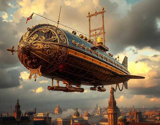 The image depicts a fantastical scene of a large, ornate airship soaring above a cityscape. The airship, which resembles a hybrid between a blimp and a submarine, is predominantly gold with intricate blue accents and features a prominent blue stripe running along its side. It has a distinctive front section adorned with a propeller and a flag that is red, white, and blue. The airship is equipped with a large metal structure on its top, possibly a water tank, and a network of wires and cables. Below, the cityscape is filled with tall buildings, some with domed roofs, and a mix of architectural styles that evoke a sense of grandeur and mystery. The sky is filled with dark, ominous clouds, adding to the dramatic atmosphere of the scene.