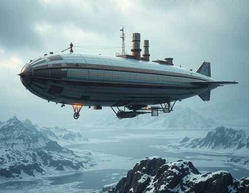 The image depicts a large, futuristic blimp soaring through a cloudy, gray sky. The blimp, which has a sleek, elongated body reminiscent of a submarine, features a prominent nose and a tail fin. It is adorned with a striking color scheme of blue, black, and yellow stripes along its sides. Atop the blimp, there are several cylindrical structures, possibly antennas or other equipment, and a small platform with a figure standing on it. The blimp's undercarriage includes a basket-like structure with a ladder, and it is equipped with two visible wheels. Below the blimp, a vast, snowy landscape unfolds, featuring a frozen lake or river and snow-covered mountains. The scene is shrouded in a misty atmosphere, adding to the sense of mystery and adventure.