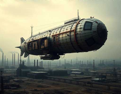 The image depicts a large, futuristic airship hovering above a sprawling industrial city. The airship, which resembles a hybrid between a blimp and a submarine, is predominantly gray with orange accents and features a distinctive tail fin. It has several openings along its side, suggesting it could be used for transportation or as a floating command center. The city below is characterized by numerous smokestacks, power lines, and industrial buildings, all enveloped in a thick layer of smog. The sky is overcast, adding to the overall gray and dystopian atmosphere of the scene.