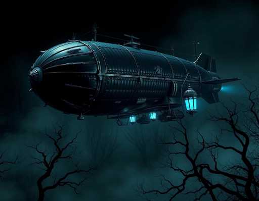 The image depicts a dark, eerie scene with a large, black, submarine-like airship floating in a foggy, nighttime sky. The airship, which has a metallic, riveted appearance, is illuminated by several blue lanterns hanging from its underside, casting an eerie glow. The sky transitions from a deep black at the top to a lighter grayish-blue towards the bottom, where the silhouettes of bare, leafless trees can be seen. The airship features a pointed front, a large circular structure at the rear, and a prominent wing extending from the back. The overall atmosphere is haunting and mysterious, with the airship appearing to hover silently amidst the fog and barren trees.