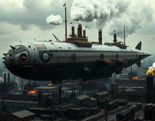 The image depicts a large, futuristic airship soaring through a cloudy sky. The airship, which has a sleek, elongated design reminiscent of a submarine, features a prominent conning tower at the front and a tail section at the back. It is adorned with numerous flags and billowing smoke, adding to its majestic appearance. Below the airship, a sprawling industrial cityscape unfolds, characterized by numerous buildings and factories. The city is engulfed in flames, with fire visibly erupting from various structures, creating a dramatic contrast against the otherwise serene sky. The scene is a blend of advanced technology and chaotic destruction, capturing a moment of intense action and industrial warfare.