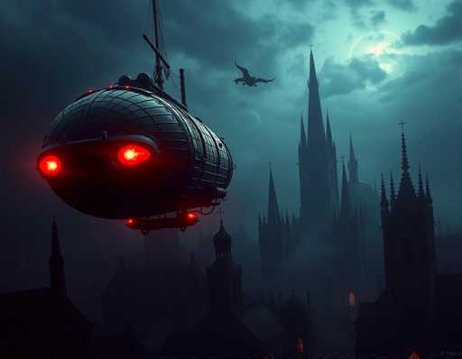 The image depicts a dark, eerie scene set in a gothic city under a cloudy night sky. Dominating the foreground is a large, black airship with a cylindrical body and a dome-shaped top, resembling a hybrid between a submarine and a blimp. The airship features two prominent red lights on its front and additional red lights on its underside, giving it an ominous appearance. It is equipped with a mast and wires, suggesting it can be steered like a boat. In the background, a tall, dark castle with numerous spires and crosses on its towers looms ominously. The castle's windows are dimly lit, adding to the overall gloom. A large bird, possibly a bat or a dragon, is seen flying above the castle, further enhancing the scene's mysterious and foreboding atmosphere.