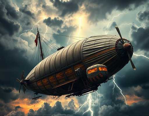 The image depicts an old-fashioned steam-powered airplane soaring through a stormy sky with dark clouds and bolts of lightning. The airplane is painted in shades of gray and brown, featuring a large wing on top that extends outwards. A red flag flutters from the side of the aircraft.