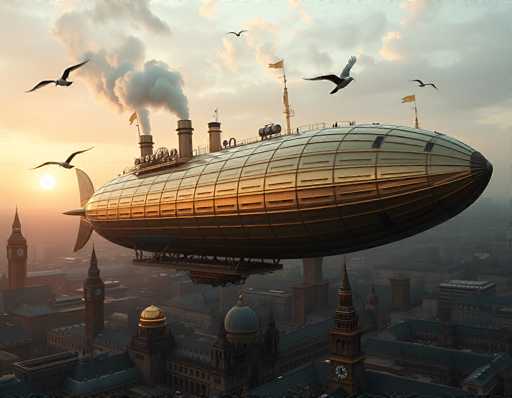 The image depicts a large, gold-colored airship soaring through a sky filled with clouds. The airship, which has a design reminiscent of both a blimp and a submarine, features a prominent tail fin and a large propeller at the rear. It is equipped with three smokestacks emitting smoke, and a platform extending from its underside. The airship also has two yellow flags fluttering from its top. Below the airship, a cityscape unfolds, showcasing numerous buildings with clock towers and domes, suggesting a historical or fantasy setting. The scene is bathed in the warm hues of a setting sun, casting a golden glow over the entire image. Seagulls can be seen flying around the airship, adding to the dynamic atmosphere of the scene.
