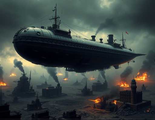 The image depicts an old-fashioned steam ship with a large sail and multiple levels of decks, flying through the sky over a cityscape filled with smoke and flames. The ship is positioned in the center of the frame, dominating the scene as it soars above the city below.