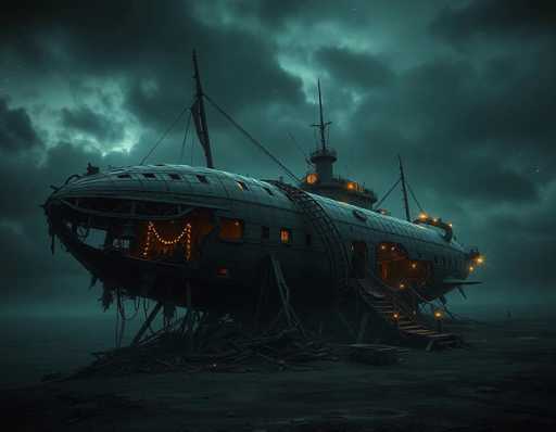 The image depicts a surreal, computer-generated scene of a sunken submarine-like vessel resting on the ocean floor. The vessel, which has a long, oval shape reminiscent of a submarine or a blimp, is covered in dark, rusty metal and adorned with numerous windows. It appears to be partially illuminated, with lights glowing from inside, casting an eerie ambiance. The vessel is supported by wooden planks and sticks, giving the impression that it is being held up. Surrounding the vessel are various objects, including a chest and other debris scattered on the ocean floor. The sky above is dark and cloudy, with a hint of light peeking through, adding to the overall mysterious and somber atmosphere of the scene.