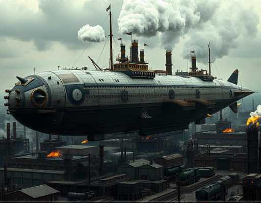 The image depicts an old steam-powered ship with a large smokestack and multiple levels of windows, flying over a cityscape filled with buildings and industrial equipment. The sky is gray and cloudy, creating a dramatic backdrop for the scene.