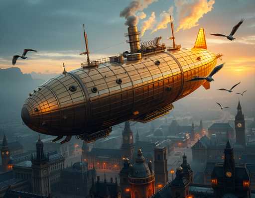 The image depicts a large, gold-colored airship with a distinct steampunk aesthetic, floating above a cityscape reminiscent of London. The airship, which has a long, cylindrical shape with rounded ends and a pointed nose, features a prominent smokestack emitting thick black smoke. The body of the airship is adorned with black circles and lines, giving it a segmented appearance. At the rear, a tail fin extends upwards, while two additional fins protrude from the front. Below the airship, the city below is illuminated by numerous lights, highlighting buildings with clock towers and steeples. The sky above transitions from a dark blue to a lighter hue near the horizon, where the sun is setting, casting a warm glow over the scene. Seagulls can be seen flying around the airship, adding to the dynamic atmosphere of this detailed and evocative image.