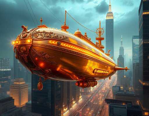 The image depicts a fantastical steampunk-inspired scene set in a futuristic cityscape reminiscent of New York City. Dominating the foreground is a large, golden blimp adorned with intricate designs, including a dragon-like creature at the front and a string of lights along its side. The blimp, which has a pointed nose and a cylindrical structure at its rear, is illuminated by a bright light at its front. It appears to be tethered to the ground by wires, suggesting it might be a floating restaurant or observation deck. Below, a bustling city street is filled with numerous cars, their headlights and taillights creating a stream of light. The towering skyscrapers on either side of the street are lit up, adding to the vibrant atmosphere. The sky above is a mix of dark and light blue, with clouds, and the overall scene is bathed in a warm, yellowish-orange glow, enhancing the steampunk aesthetic.