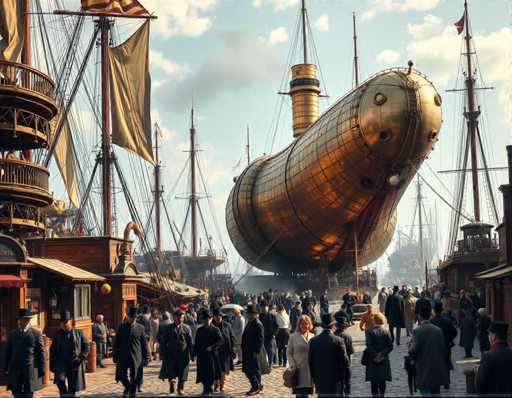 The image depicts a bustling scene at a shipyard with people walking around and observing large ships docked nearby. The largest ship in the foreground is a gold-colored steamboat with a tall smokestack on top. In the background, there are other ships of various sizes and designs, including a smaller sailboat and a larger ship with multiple masts.