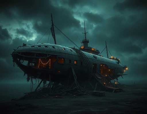 The image shows an abandoned shipwreck on a beach at night. The ship is made of metal and has been left to rust over time. It's situated on the shoreline with its bow pointing towards the sky. The ship appears to be in a state of disrepair, with no visible crew or passengers. The surrounding area is shrouded in darkness, with only the faint glow from the ship's lights illuminating the scene.