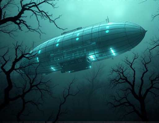 The image depicts an alien-like creature floating in a dark blue sky with white clouds and trees on either side of the creature. The creature has a large head and two arms, giving it a humanoid appearance. The background is filled with trees that appear to be silhouetted against the sky, adding depth to the scene.