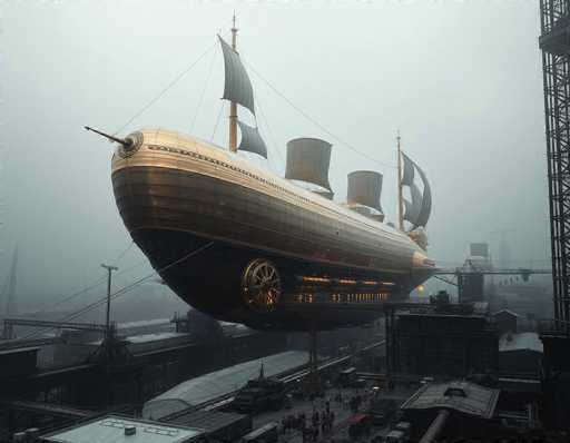 The image depicts a surreal, steampunk-inspired scene featuring a massive airship that combines elements of a pirate ship, a submarine, and a hot air balloon. The airship, which has a golden-brown hue with a black bottom, is adorned with four large sails and three smokestacks. It hovers above a bustling cityscape, with numerous people and vehicles on the ground below, seemingly gazing up at the floating vessel. The city is characterized by industrial elements, including cranes, power lines, and a large metal structure on the right side. The sky is overcast and gray, adding to the mysterious and fantastical atmosphere of the scene.