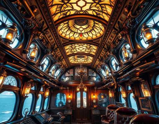 The image shows an interior of a train car with a large stained glass ceiling and ornate decorations. The walls are adorned with intricate designs and patterns, creating a sense of opulence and grandeur. The train car is filled with plush seating arrangements, including several chairs and couches arranged in a semi-circle around the central aisle. The windows on either side of the aisle offer panoramic views of the ocean, adding to the overall ambiance of luxury and relaxation.