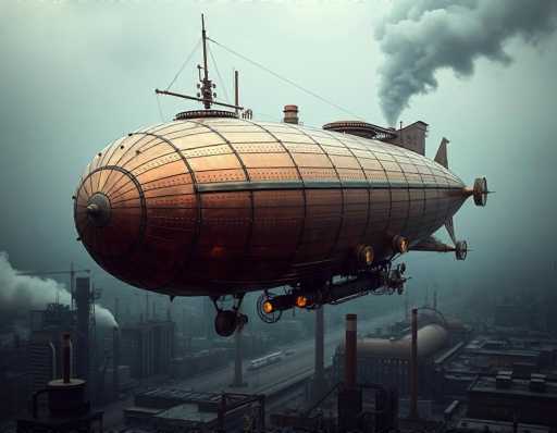 The image depicts a large, copper-colored blimp with a rounded front and a series of black lines running along its sides. The blimp features a prominent black circle at the front, from which several lines extend upwards, connecting to a central point. Below the blimp, there is a black metal structure with a circular component and a light at the bottom. The blimp hovers above a cityscape, where various buildings are visible. On the left side of the image, a building emits white smoke from its top, while on the right side, another building has gray smoke billowing out. The sky above is a mix of gray and white hues, adding to the overall atmospheric scene.