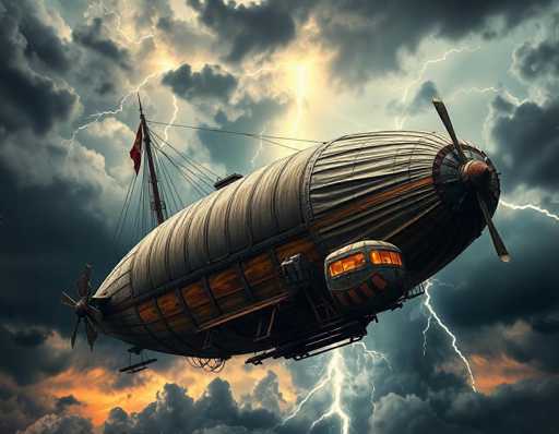 A weathered, brass-clad airship, with a sturdy, patchwork gondola and a massive, propellor-driven engine, bravely navigates a stormy sky. Lightning flashes illuminate the dark clouds and dramatic, swirling turbulence, creating a high-contrast, cinematic scene with a hyper-realistic, detailed aesthetic.