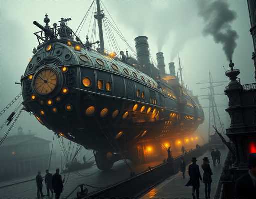 This image depicts a highly detailed, computer-generated steampunk-inspired scene featuring a massive, dark gray ship with a unique design. The vessel, reminiscent of a blend between a train and a boat, is adorned with numerous circular windows and illuminated by warm yellow lights, creating a striking contrast against the dark, foggy background. The ship's front is equipped with a large clock and a prominent gun turret, while the rear features several smokestacks emitting dark gray smoke. The ship is docked at a pier, where people in period attire—men in suits and top hats, and women in long dresses—walk along the stone walkway. The pier is lined with buildings, including a notable structure with a red light on the right side. The overall atmosphere is dark and moody, with the ship's lights and the occasional red glow providing the primary sources of illumination.