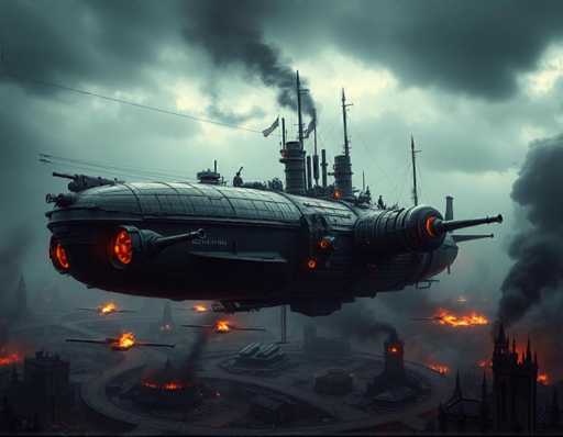 The image depicts an advanced spaceship with a large engine and multiple wings soaring through the sky above a cityscape of buildings engulfed in flames. The smoke from the fires billows outwards, creating a dramatic backdrop for the scene. The perspective is from below, looking up at the spaceship as it flies over the city.