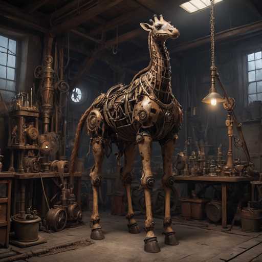 The image depicts a highly detailed, computer-generated steampunk giraffe standing in the center of a dimly lit, cluttered workshop. The giraffe, which appears to be made of brass and metal, features intricate gears, pipes, and wires integrated into its body, giving it a mechanical appearance. Its head is turned to the right, showcasing a long neck, a short mane, and two small horns. The giraffe's legs are jointed, with the hooves appearing to be made of a darker material. The workshop itself is filled with various tools, machinery, and wooden tables, with a notable lamp hanging from the ceiling on the right side. The floor is made of wooden planks, and the room is illuminated by a skylight and a few windows, adding to the overall dark and mysterious ambiance of the scene.
