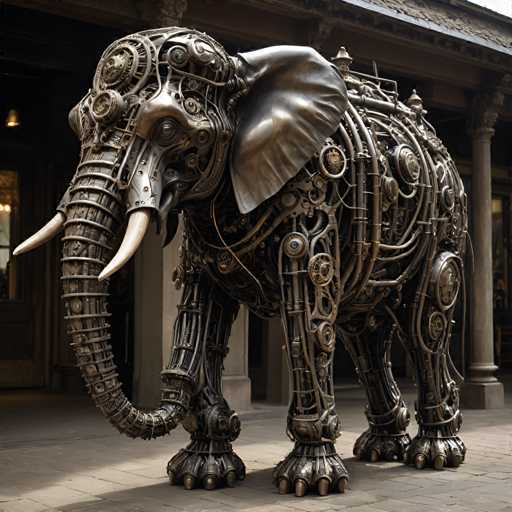 A large metal elephant sculpture stands on a brick sidewalk outside an ornate building with columns and arches. The elephant is crafted from various mechanical parts, including gears and wires that give it the appearance of being alive.