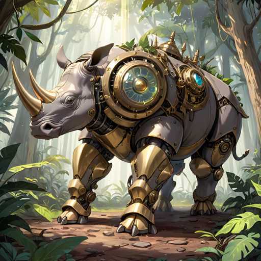 The image depicts a highly detailed, computer-generated scene of a mechanical rhinoceros standing in a lush, tropical forest. The rhino, which has a gray body with gold accents, features two prominent gold horns on its nose and a third horn-like structure on its forehead. Its eyes are gray, and it has a closed mouth. The rhino's body is adorned with intricate gold armor, including a large circular plate on its shoulder and additional plates on its legs, which are connected by gold joints. The armor extends to its tail, which is also gray with gold accents. The rhino stands on a dirt path surrounded by dense greenery, including ferns and various plants, with sunlight filtering through the trees in the background. The overall scene is vibrant and detailed, showcasing the mechanical rhino as the central focus amidst the natural forest setting.