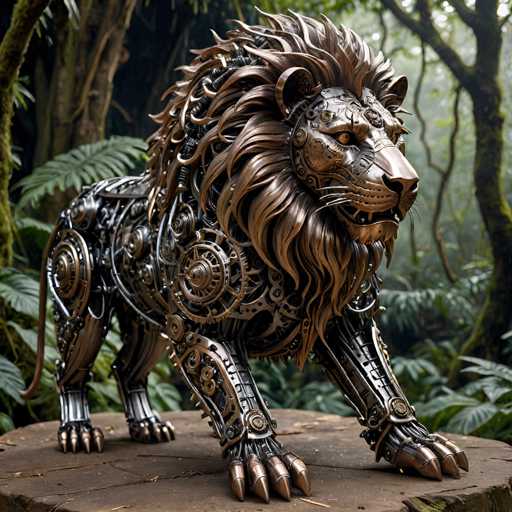 The image shows a bronze statue of a lion standing on its hind legs with its front paws raised and its head tilted to the side. The lion is adorned with intricate metal gears and mechanisms that give it an industrial appearance. The statue is set against a backdrop of trees in a forest, creating a sense of depth and perspective.