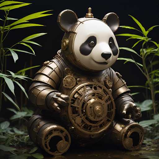 The image depicts a whimsical, cartoonish panda bear adorned in a detailed, gold-colored robotic suit. The panda's head is encased in a helmet-like structure with large, round ears protruding from the sides. Its face features the characteristic black and white markings of a panda, with black patches around its eyes and a black nose. The panda's body is covered in intricate, armor-like plating, giving it a futuristic, mechanical appearance. Its arms are extended forward, and its legs are positioned to the sides, as if it's sitting down. The panda's eyes are wide open, giving it a curious and alert expression. The background is dark, with a black sky and green bamboo plants surrounding the panda, adding to the surreal and imaginative atmosphere of the scene.