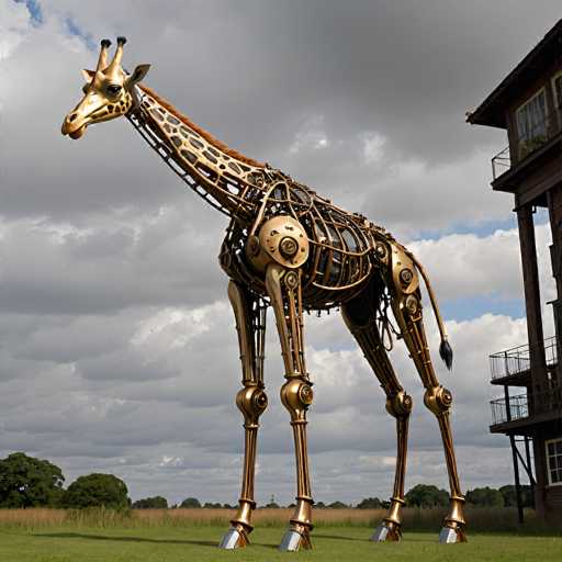 This image features a striking, large metallic giraffe sculpture standing in a grassy field. The giraffe, crafted from gold-colored metal, has a detailed design with visible mechanical components, including gears and bolts that form its body. Its long neck is adorned with a brown mane, and its face is painted gold with black eyes and spots. The giraffe's legs are slender and end in silver hooves, and it has a long tail with a black tip. The sculpture is set against a backdrop of a cloudy sky with patches of blue peeking through. To the right of the giraffe, there is a tall, brown wooden building with multiple balconies and a flat roof. The building appears to be at least three stories high, with windows visible on the upper levels. In the background, a line of trees stretches across the horizon, completing the serene landscape.