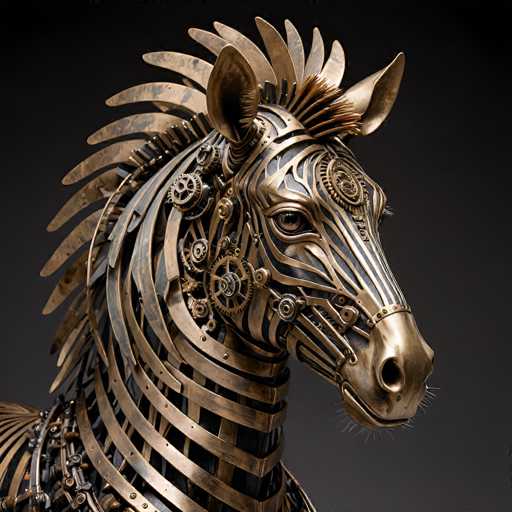This image features a highly detailed, computer-generated depiction of a mechanical horse, reminiscent of the steampunk aesthetic. The horse's head is adorned with intricate bronze and gold gears, cogs, and rivets, giving it a distinct mechanical appearance. Its eyes are strikingly lifelike, with a golden hue that contrasts sharply with the metallic elements. The horse's mane is composed of gold and bronze spikes, adding to its regal yet industrial look. The snout is a lighter shade of gold, and the horse's mouth is closed, with visible whiskers on its chin. The neck is encircled by bronze rings, and the body, though partially visible, reveals more gears and mechanical components. The background is a dark gray, which accentuates the horse's metallic sheen and intricate details.