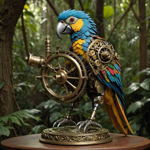 A steampunk parrot figurine, intricately detailed with brass gears and mechanical components, perched on a wooden table in a lush forest setting. The parrot's feathers are vibrant blue and yellow, contrasting with the metallic elements of its mechanical body. The scene is bathed in soft, natural light filtering through the foliage, creating a whimsical and fantastical atmosphere.
