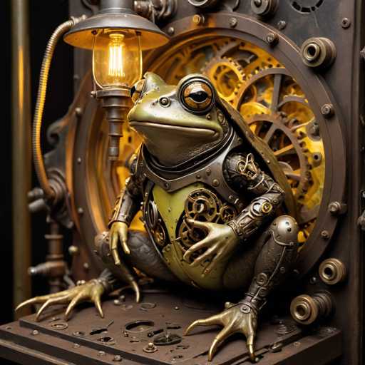 The image depicts a highly detailed, computer-generated scene of a steampunk-inspired frog. The frog, which has a metallic green body with a yellow belly, is seated on a brown metal surface. Its eyes are large and orange with black pupils, giving it a striking appearance. The frog's arms and legs are mechanical, with visible gears and bolts, and it has three fingers on each hand and three toes on each foot. The frog's chest is adorned with a V-shaped pattern of gears, adding to its steampunk aesthetic.

Behind the frog, there is a large, circular mechanical structure filled with various gears and cogs, some of which are illuminated by a yellow light. This structure is also brown and metallic, enhancing the industrial feel of the scene. To the left of the frog, a small lamp with a yellow bulb and a silver base is positioned, casting a warm glow over the scene. The entire composition is set against a dark background, emphasizing the intricate details and metallic sheen of the frog and its surroundings.