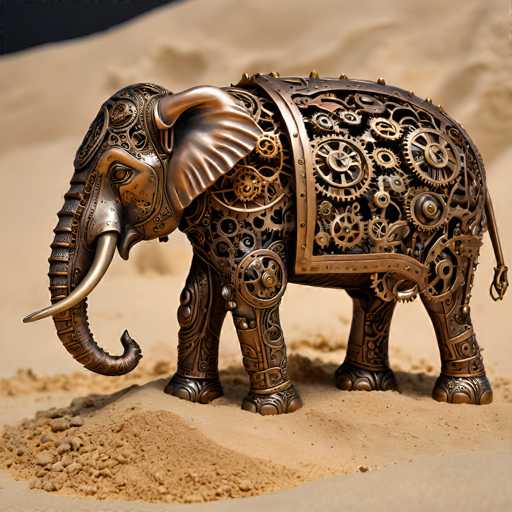 This image features a highly detailed, computer-generated depiction of a steampunk-style elephant. The elephant is crafted from a bronze or copper-colored metal, with intricate designs that blend mechanical and organic elements. Its body is adorned with numerous gears, cogs, and rivets, giving it a distinct steampunk aesthetic. The elephant's head is turned to the left, showcasing its large, curved tusks and expressive eyes. Its trunk is curled upwards, and its ears are prominently displayed. The legs are decorated with metal plates and rivets, adding to the mechanical theme. The elephant stands on a sandy surface, with a pile of sand in the foreground and a blurred background, emphasizing the focus on the intricate details of the elephant.
