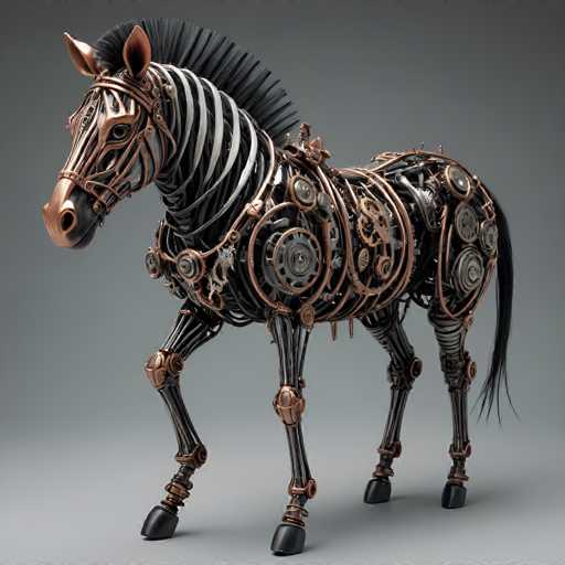 A detailed, highly realistic 3D rendering of a steampunk-style mechanical horse. The horse is constructed entirely of intricate brass and copper gears, pipes, and other mechanical components, giving it a complex, clockwork aesthetic. The horse's body is a fusion of organic and mechanical elements, with visible joints and intricate detailing. The head features a detailed brass face with glowing eyes, and the mane is made of dark, flowing metal strands. The horse stands in a dynamic pose, with its legs positioned as if mid-stride, showcasing the intricate mechanical structure. The background is a plain gray surface, emphasizing the detailed craftsmanship of the mechanical horse. The lighting is soft and even, highlighting the metallic textures and intricate details of the design.