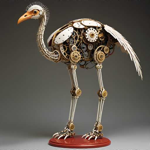 This image features a detailed, steampunk-inspired mechanical bird, possibly an ostrich or a swan, crafted from various metal parts and gears. The bird stands on a round, red base with three legs, each ending in three white claws. Its body is adorned with an array of gears, cogs, and plates in shades of white, gold, and bronze, giving it a distinct steampunk aesthetic. The bird's head is white with an orange beak, and it has a striking black eye. Its long neck curves gracefully, and it has white wings and tail feathers. The entire composition is set against a gray background, highlighting the intricate mechanical details of the bird.