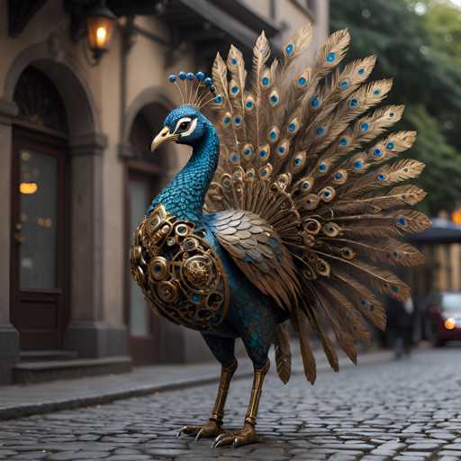 A peacock statue made of metal and gold is standing on a cobblestone street with its feathers spread out wide as it faces the camera. The statue has blue eyes and a beak adorned with gold accents that glint in the light. In the background, there are buildings and trees lining the street, creating an urban setting for this ornate piece of art.