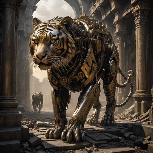 The image depicts a highly detailed, computer-generated scene of a futuristic, post-apocalyptic world. Dominating the foreground is a majestic, gold-colored robotic tiger with intricate mechanical parts, including visible gears, screws, and rivets. Its body is adorned with black tiger stripes, and it has piercing yellow eyes and a fierce expression. The tiger's metallic tail is segmented and ends in a golden ball, adding to its regal appearance. Surrounding the tiger are broken stone pillars and debris, suggesting a once grand structure now in ruins. In the background, another similar robotic tiger can be seen, though it appears smaller and less detailed due to the distance. The sky above is cloudy, casting a muted light over the scene, which enhances the sense of desolation and abandonment. The overall color palette of the image is dominated by shades of gold, black, and gray, contributing to the dystopian atmosphere.